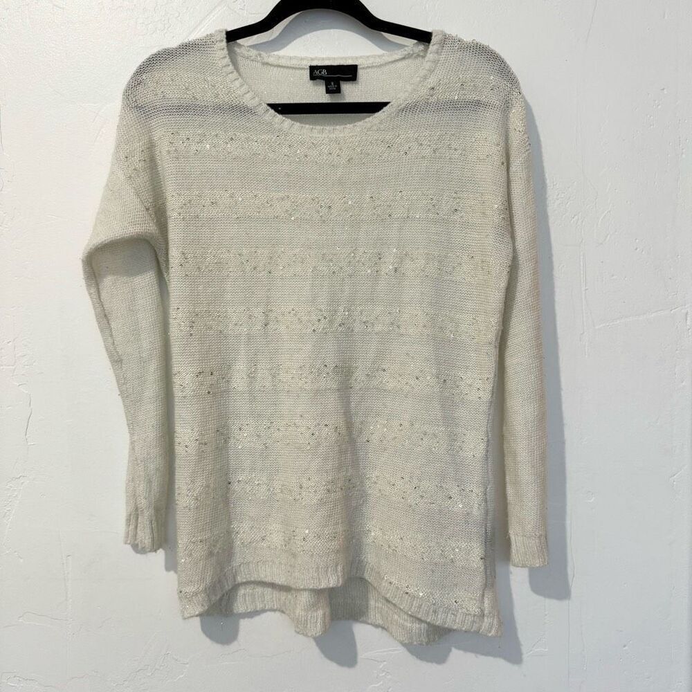 🔥4/$25 AGB Women's White Sequin Knit Round Neck Long Sleeve Pullover Sweater Sm